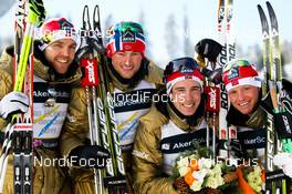 04.03.2011, Oslo, Norway (NOR):  (l-r) Tord Asle Gjerdalen (NOR), Atomic, One Way, Salomon, Swix, Petter Northug (NOR), Fischer, Swix, Alpina, Rottefella, Skigo, Eldar Roenning (NOR), Rossignol, Swix, Rottefella and Martin Jonsrud Sundby (NOR), Fischer, KV+, Alpina, Rottefella, Swix - FIS nordic world ski championships, cross-country, 4x10km men, Oslo (NOR). www.nordicfocus.com. © Laiho/NordicFocus. Every downloaded picture is fee-liable.