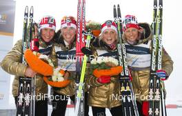 03.03.2011, Oslo, Norway (NOR):  (l-r) Marit Bjoergen (NOR), Fischer, Swix, Rottefella, Kristin Steira (NOR), Madshus, One Way, Salomon, Therese Johaug (NOR), Fischer, Swix, Salomon and Vibeke Skofterud (NOR), Fischer, One Way, Alpina, Rottefella - FIS nordic world ski championships, cross-country, 4x5km women, Oslo (NOR). www.nordicfocus.com. © Laiho/NordicFocus. Every downloaded picture is fee-liable.