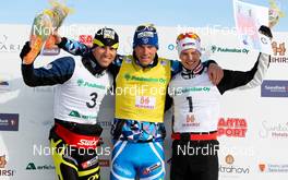 10.04.2011, Rovaniemi, Finland (FIN): the best men of the tour overall (l-r) Maurice Manificat (FRA), Fischer, Swix, Rottefella, One Way, Jean Marc Gaillard (FRA), Fischer, Swix, Rottefella, One Way and Matti Heikkinen (FIN), Fischer, Exel, Alpina, Rottefella  - Tour de Barents 2011, Ounasvaara Climb Pursuit, Rovaniemi (FIN). www.nordicfocus.com. © Laiho/NordicFocus. Every downloaded picture is fee-liable.