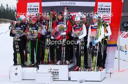 20.11.2011, Sjusjoen, Norway (NOR): teams on the podium (l-r) Norway III, Norway I and Sweden  - FIS world cup cross country, 4x10km men, Sjusjoen (NOR). www.nordicfocus.com. Â© Laiho/NordicFocus. Every downloaded picture is fee-liable.