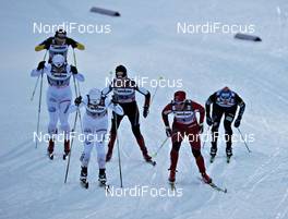 25.11.2011, Kuusamo, Finland (FIN): l-r: Charlotte Kalla (SWE), Fischer, Salomon, Swix, Craft, Katharina Smutna (AUT), Fischer, One Way, Alpina, Loeffler, Vibeke W. Skofterud (NOR), Fischer, Rottefella, Alpina, One Way, Swix, Kikkan Randall (USA), Fischer, Salomon, Swix  - FIS world cup cross-country, individual sprint, Kuusamo (FIN). www.nordicfocus.com. © Felgenhauer/NordicFocus. Every downloaded picture is fee-liable.