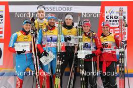 04.12.2011, Duesseldorf, Germany (GER): podium l-r: 2nd Nikita Kriukov (RUS), Rossignol, Rottefella, Swix, adidas, 1st Jesper Modin (SWE), Craft, Fischer, Salomon, Swix, 2nd Alexei Petukhov (RUS), Fischer, Fischer, Rottefella, Swix, Adidas, 1st Teodor Peterson (SWE), Rossignol, Alpina, One Way, Craft, 3rd Ola Vigen Hattestad (NOR), Fischer, Rottefella, Swix, 3rd Paal Golberg (NOR), Madshus, Rottefella, Alpina, Swix  - FIS world cup cross-country, team sprint, Duesseldorf (GER). www.nordicfocus.com. © Hemmersbach/NordicFocus. Every downloaded picture is fee-liable.