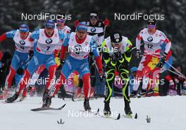 30.12.2011, Oberhof, Germany (GER): l-r: Maxim Vylegzhanin (RUS), Fischer, Rottefella, Alpina, Swix, adidas, Alexander Legkov (RUS), Rossignol, Rottefella, Swix, adidas, Ilia Chernousov (RUS), Rossignol, Rottefella, Swix, adidas, Maurice Manificat (FRA), Fischer, Swix, One Way, in the background right Devon Kershaw (CAN), Fischer, Salomon, Swix, One Way  - FIS world cup cross-country, tour de ski, pursuit men, Oberhof (GER). www.nordicfocus.com. © Hemmersbach/NordicFocus. Every downloaded picture is fee-liable.