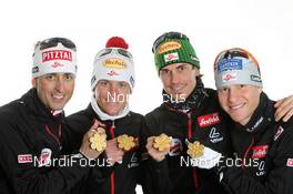 28.02.2011, Oslo, Norway (NOR): NH Team Gundersen 4 x 5 km, Gold Medalist Team Austria, l-r: Mario Stecher, David Kreiner, Felix Gottwald, Bernhard Gruber - FIS nordic world ski championships, nordic combined, medals, Oslo (NOR). www.nordicfocus.com. © Hemmersbach/NordicFocus. Every downloaded picture is fee-liable.