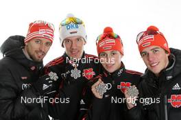 28.02.2011, Oslo, Norway (NOR): NH Team Gundersen 4 x 5 km; Silver Medalist Team Germany, l-r: Bjoern Kircheisen, Tino Edelmann, Eric Frenzel, Johannes Rydzek - FIS nordic world ski championships, nordic combined, medals, Oslo (NOR). www.nordicfocus.com. © Hemmersbach/NordicFocus. Every downloaded picture is fee-liable.