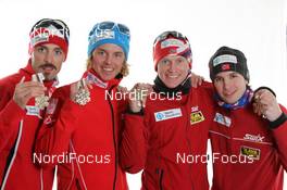 28.02.2011, Oslo, Norway (NOR): NH Team Gundersen 4 x 5 km: Bronce Medal Team Norway, l-r: Magnus Moan, Mikko Kokslien, Havard Klemetsen, Jan Schmid - FIS nordic world ski championships, nordic combined, medals, Oslo (NOR). www.nordicfocus.com. © Hemmersbach/NordicFocus. Every downloaded picture is fee-liable.
