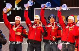 28.02.2011, Oslo, Norway (NOR): the winner team, Austria, (l-r) Mario Stecher (AUT), Fischer, Leki, Rottefella, Loeffler. Felix Gottwald (AUT), Fischer, Swix, Loeffler, Bernhard Gruber (AUT), Fischer, Rottefella, Loeffler and David Kreiner (AUT), Fischer, Swix, Loeffler  - FIS nordic world ski championships, nordic combined, team HS106/4x5km, Oslo (NOR). www.nordicfocus.com. © Laiho/NordicFocus. Every downloaded picture is fee-liable.
