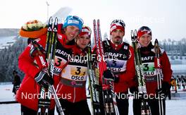 28.02.2011, Oslo, Norway (NOR): third place, team Norway (l-r) Mikko Kokslien (NOR), Fischer, Swix, Rottefella, Jan Schmid (NOR), Fischer, Rottefella, Magnus Moan (NOR), Madhus, Swix, Rottefella and Haavard Klemetsen (NOR), Fischer, Swix  - FIS nordic world ski championships, nordic combined, team HS106/4x5km, Oslo (NOR). www.nordicfocus.com. © Laiho/NordicFocus. Every downloaded picture is fee-liable.