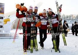 28.02.2011, Oslo, Norway (NOR):  the winner ream, Austria, (l-r) Mario Stecher (AUT), Fischer, Leki, Rottefella, Loeffler, Bernhard Gruber (AUT), Fischer, Rottefella, Loeffler, David Kreiner (AUT), Fischer, Swix, Loeffler and Felix Gottwald (AUT), Fischer, Swix, Loeffler - FIS nordic world ski championships, nordic combined, team HS106/4x5km, Oslo (NOR). www.nordicfocus.com. © Laiho/NordicFocus. Every downloaded picture is fee-liable.