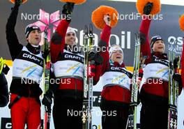 04.03.2011, Oslo, Norway (NOR): (l-r) Mario Stecher (AUT), Fischer, Leki, Rottefella, Loeffler, Felix Gottwald (AUT), Fischer, Swix, Loeffler, David Kreiner (AUT), Fischer, Swix, Loeffler and Bernhard Gruber (AUT), Fischer, Rottefella, Loeffler  - FIS nordic world ski championships, nordic combined, team HS134/4x5km, Oslo (NOR). www.nordicfocus.com. © Laiho/NordicFocus. Every downloaded picture is fee-liable.