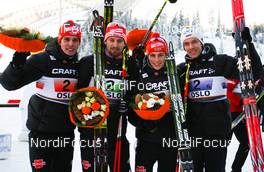 04.03.2011, Oslo, Norway (NOR): Johannes Rydzek (GER), Fischer, Swix, Rottefella, Adidas, Bjoern Kircheisen (GER), Fischer, Leki, Rottefella, Adidas, Eric Frenzel (GER), Fischer, Leki, Salomon, Adidas and Tino Edelmann (GER), Madshus, Leki, Rottefella, Adidas  - FIS nordic world ski championships, nordic combined, team HS134/4x5km, Oslo (NOR). www.nordicfocus.com. © Laiho/NordicFocus. Every downloaded picture is fee-liable.