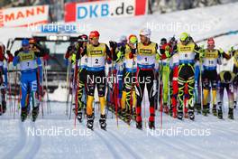 04.12.2011, Lillehammer, Norway (NOR):  The Start position of the penalty race, in front (l-r) Eric Frenzel (GER), Fischer, Leki, Salomon, Adidas and Christoph Bieler (AUT) get 10 seconds gap for the rest of the group - FIS world cup nordic combined, individual gundersen HS138/10km, Lillehammer (NOR). www.nordicfocus.com. Â© Laiho/NordicFocus. Every downloaded picture is fee-liable.