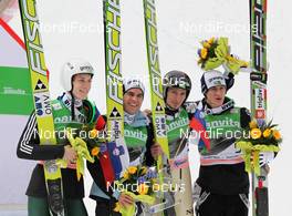 19.03.2011, Planica, Slovenia (SLO): 3rd Team Slovenia, l-r: Jurij Tepes (SLO), Fischerm Jernej Damjan (SLO), Fischer, Robert Kranjec (SLO), Fischer, Peter Prevc (SLO), Elan  - FIS world cup ski jumping final, team HS215, Planica (SLO). www.nordicfocus.com. © Hemmersbach/NordicFocus. Every downloaded picture is fee-liable.