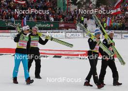 19.03.2011, Planica, Slovenia (SLO): 1st Team Austria, l-r: Martin Koch (AUT), Fischer, Thomas Morgenstern (AUT), Fischer, Gregor Schlierenzauer (AUT), Fischer, Andreas Kofler (AUT), Fischer  - FIS world cup ski jumping final, team HS215, Planica (SLO). www.nordicfocus.com. © Hemmersbach/NordicFocus. Every downloaded picture is fee-liable.