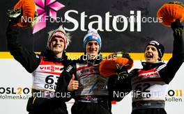 03.03.2011, Oslo, Norway (NOR): (l-r) Thomas Morgenstern (AUT), Fischer, Gregor Schlierenzauer (AUT), Fischer and Simon Ammann (SUI), Fischer  - FIS nordic world ski championships, ski jumping, individual HS134, Oslo (NOR). www.nordicfocus.com. © Laiho/NordicFocus. Every downloaded picture is fee-liable.