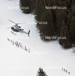 30.01.2011, Val di Fiemme / Val di Fassa, Italy (ITA): helicopter view, TV helicopter with the chasing group, feature - FIS Marathon Cup Marcialonga, Val di Fiemme / Val di Fassa (ITA). www.nordicfocus.com. © Hemmersbach/NordicFocus. Every downloaded picture is fee-liable.