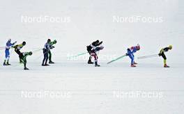 30.01.2011, Val di Fiemme / Val di Fassa, Italy (ITA): helicopter view, the chasing group, in front Joergen Brink (SWE), Madshus, Swix, behind Bruno Carrara (ITA) and Fabio Santus, (ITA), Fischer, Alpina, Swix    - FIS Marathon Cup Marcialonga, Val di Fiemme / Val di Fassa (ITA). www.nordicfocus.com. © Hemmersbach/NordicFocus. Every downloaded picture is fee-liable.