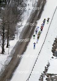 30.01.2011, Val di Fiemme / Val di Fassa, Italy (ITA): helicopter view, the chasing group on the way to Canazei - FIS Marathon Cup Marcialonga, Val di Fiemme / Val di Fassa (ITA). www.nordicfocus.com. © Hemmersbach/NordicFocus. Every downloaded picture is fee-liable.