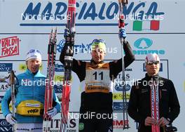 30.01.2011, Val di Fiemme / Val di Fassa, Italy (ITA): podium, l-r: Oskar Svaerd (SWE), Atomic, Swix, Toko, Jerry Ahrlin (SWE), Team Xtra, Madshus, Swix, Rottefella, Craft, Stanislav Rezac (CZE), Madshus, Swix, Rottefella  - FIS Marathon Cup Marcialonga, Val di Fiemme / Val di Fassa (ITA). www.nordicfocus.com. © Hemmersbach/NordicFocus. Every downloaded picture is fee-liable.