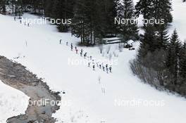 30.01.2011, Val di Fiemme / Val di Fassa, Italy (ITA): helicopter view, the chasing group near the river Stava - FIS Marathon Cup Marcialonga, Val di Fiemme / Val di Fassa (ITA). www.nordicfocus.com. © Hemmersbach/NordicFocus. Every downloaded picture is fee-liable.
