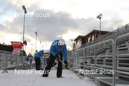 13.01.2012, Nove Mesto, Czech Republic (CZE): Event Feature: cleaning the grand stands - IBU world cup biathlon, training, Nove Mesto (CZE). www.nordicfocus.com. © Manzoni/NordicFocus. Every downloaded picture is fee-liable.