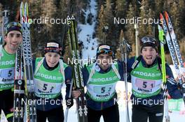 22.01.2012, Antholz, Italy (ITA): L-R: Martin Fourcade (FRA), Rossignol, Rottefella, OneWay, Odlo, Alexis Boeuf (FRA), Salomon, Swix, OneWay, Simon Fourcade (FRA), Fischer, Rottefella, Rossignol, Swix, Odlo, Jean Guillaume Beatrix (FRA), Rossignol, Rottefella, One Way, Odlo - IBU world cup biathlon, relay men, Antholz (ITA). www.nordicfocus.com. © Manzoni/NordicFocus. Every downloaded picture is fee-liable.