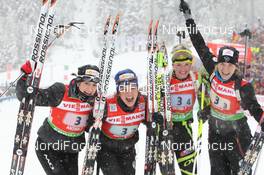21.01.2012, Antholz, Italy (ITA): L-R: Marie Laure Brunet (FRA), Rossignol, Rottefella, Swix, Sofie Boilley (FRA), Rossignol, Rottefella, OneWay, Marie Dorin (FRA), Rossignol, Rottefella, OneWay, Anais Bescond (FRA), Madshus, Rottefella, Swix, OneWay - IBU world cup biathlon, relay women, Antholz (ITA). www.nordicfocus.com. © Manzoni/NordicFocus. Every downloaded picture is fee-liable.