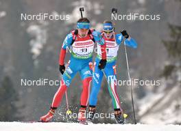 04.03.2012, Ruhpolding, Germany (GER): l-r: Anton Shipulin (RUS), Madshus, Rottefella, adidas, Lukas Hofer (ITA), Rossignol, Rottefella, Swix , ODLO - IBU world championships biathlon, pursuit men, Ruhpolding (GER). www.nordicfocus.com. © Felgenhauer/NordicFocus. Every downloaded picture is fee-liable.