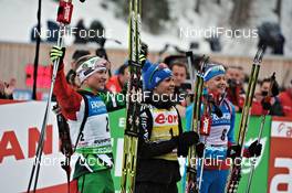 04.03.2012, Ruhpolding, Germany (GER): l-r: Darya Domracheva (BLR), Fischer, Rottefella, Leki, Magdalena Neuner (GER), Fischer, Rottefella, Swix, adidas, Toko, Olga Vilukhina (RUS), Fischer, Rottefella, Swix, adidas - IBU world championships biathlon, pursuit women, Ruhpolding (GER). www.nordicfocus.com. © Felgenhauer/NordicFocus. Every downloaded picture is fee-liable.