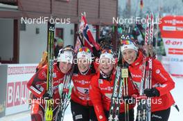 09.12.2012, Hochfilzen, Austria (AUT): Tora Berger (NOR), Fischer, Rottefella, Odlo, Hilde Fenne (NOR), Fischer, Rottefella, ODLO, Fanny Welle-Strand Horn (NOR), Madshus, Rottefella, Alpina, Swix, ODLO, Synnoeve Solemdal (NOR), Madshus, Rottefella, Swix, ODLO - IBU world cup biathlon, relay women, Hochfilzen (AUT). www.nordicfocus.com. © Manzoni/NordicFocus. Every downloaded picture is fee-liable.