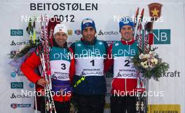 17.11.2012, Beitostoelen, Norway (NOR): (l-r) Ole Einar Bjoerndalen (NOR), Madshus, Rottefella, Odlo, Martin Fourcade (FRA), Rossignol, One Way, Rottefella and Ronny Hafsaas (NOR), Madshus, Swix, Rottefella  - Beitosprinten Biathlon, sprint men, Beitostoelen (NOR). www.nordicfocus.com. © Laiho/NordicFocus. Every downloaded picture is fee-liable.