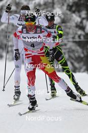 05.01.2012, Cortina-Toblach, Italy (ITA): Devon Kershaw (CAN), Fischer, Salomon, Swix, One Way ahead of Marcus Hellner (SWE), Fischer, Salomon, Exel, Craft and Maurice Manificat (FRA), Fischer, Swix, One Way  - FIS world cup cross-country, tour de ski, pursuit men, Cortina-Toblach (ITA). www.nordicfocus.com. © Hemmersbach/NordicFocus. Every downloaded picture is fee-liable.
