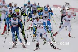 05.01.2012, Cortina-Toblach, Italy (ITA): in front, l-r: Laura Ahervo (FIN), Madshus, Rottefella, Craft, Anna Haag (SWE), Atomic, Salomon, One Way, Craft  - FIS world cup cross-country, tour de ski, pursuit women, Cortina-Toblach (ITA). www.nordicfocus.com. © Hemmersbach/NordicFocus. Every downloaded picture is fee-liable.