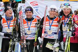 08.01.2012, Val di Fiemme, Italy (ITA): l-r: Andreas Goldberger (AUT), Markus Hasler (LIE), Katarina Neumannova (CZE), Petra Majdic (SLO) - FIS world cup cross-country, tour de ski, rampa con i campioni, Val di Fiemme (ITA). www.nordicfocus.com. © Hemmersbach/NordicFocus. Every downloaded picture is fee-liable.