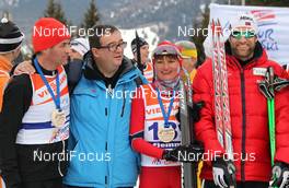 08.01.2012, Val di Fiemme, Italy (ITA): l-r: Juerg Capol (SUI), Pietro de Godenz (ITA), unknown female skier, Odd Bjoern Hjelmeset (NOR) - FIS world cup cross-country, tour de ski, rampa con i campioni, Val di Fiemme (ITA). www.nordicfocus.com. © Hemmersbach/NordicFocus. Every downloaded picture is fee-liable.