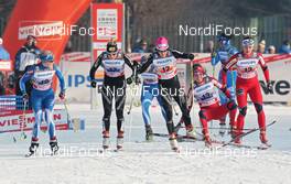 15.01.2012, Milano, Italy (ITA): accident with Bettina Gruber (SUI), Rossignol, Rottefella, One Way, Odlo, Toko, TCS on the left and Heidi Weng (NOR), Fischer, Swix, Alpina, Rottefella on the right - FIS world cup cross-country, team sprint, Milano (ITA). www.nordicfocus.com. © Hemmersbach/NordicFocus. Every downloaded picture is fee-liable.