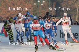 15.01.2012, Milano, Italy (ITA): in front Alexei Petukhov (RUS), Fischer, Fischer, Rottefella, Swix, Adidas, behind Anssi Pentsinen (FIN), Fischer, Rottefella, Alpina  - FIS world cup cross-country, team sprint, Milano (ITA). www.nordicfocus.com. © Hemmersbach/NordicFocus. Every downloaded picture is fee-liable.
