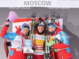 02.02.2012, Moscow, Russia (RUS): podium, l-r: Natalia Korosteleva (RUS), Fischer, Alpina, Rottefella, Swix, adidas, Justyna Kowalczyk (POL), Fischer, Rottefella, Swix, Anastasia Dotsenko (RUS), Fischer, Rottefella, Alpina, Swix, Adidas  - FIS world cup cross-country, individual sprint, Moscow (RUS). www.nordicfocus.com. © Hemmersbach/NordicFocus. Every downloaded picture is fee-liable.