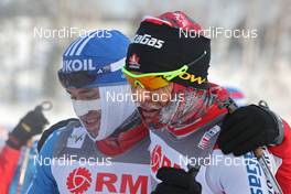 04.02.2012, Rybinsk, Russia (RUS): l-r: Ilia Chernousov (RUS), Rossignol, Rottefella, Swix, adidas and Devon Kershaw (CAN), Fischer, Salomon, Swix, One Way  - FIS world cup cross-country, mass men, Rybinsk (RUS). www.nordicfocus.com. © Hemmersbach/NordicFocus. Every downloaded picture is fee-liable.