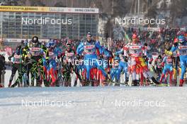 04.02.2012, Rybinsk, Russia (RUS): group, l-r: Maurice Manificat (FRA), Fischer, Swix, One Way, Rottefella, Roland Clara (ITA), Fischer, Rottefella, Swix, Devon Kershaw (CAN), Fischer, Salomon, Swix, One Way, Giorgio di Centa (ITA), Fischer, Alpina, Rottefella, Swix, Rudy Project  - FIS world cup cross-country, mass men, Rybinsk (RUS). www.nordicfocus.com. © Hemmersbach/NordicFocus. Every downloaded picture is fee-liable.