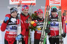12.02.2012, Nove Mesto, Czech Republic (CZE): todays winner, Team Norway I, l-r: Eldar Roenning (NOR), Rossignol, Rottefella, Swix, Niklas Dyrhaug (NOR), Fischer, Rottefella, Alpina, Swix, Martin Johnsrud Sundby (NOR), Fischer, Rottefella, Swix, KV+, Petter Northug (NOR), Fischer, Rottefella, Alpina, Ski Go, Swix   - FIS world cup cross-country, 4x10km men, Nove Mesto (CZE). www.nordicfocus.com. © Hemmersbach/NordicFocus. Every downloaded picture is fee-liable.