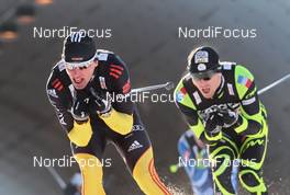 12.02.2012, Nove Mesto, Czech Republic (CZE): in front Jonas Dobler (GER), behind Maurice Manificat (FRA), Fischer, Swix, One Way, Rottefella  - FIS world cup cross-country, 4x10km men, Nove Mesto (CZE). www.nordicfocus.com. © Hemmersbach/NordicFocus. Every downloaded picture is fee-liable.
