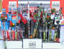 12.02.2012, Nove Mesto, Czech Republic (CZE): podium, l-r: Team Russia I, Team Norway I,Team Sweden - FIS world cup cross-country, 4x10km men, Nove Mesto (CZE). www.nordicfocus.com. © Hemmersbach/NordicFocus. Every downloaded picture is fee-liable.