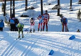 03.03.2012, Lahti, Finland (FIN): Jean Marc Gaillard (FRA), Fischer, Swix, Rottefella, One Way followed by Alex Harvey (CAN), Fischer, Swix, Salomon, One Way, Alexander Legkov (RUS), Rossignol, Swix, Rottefella, Adidas and Martin Johnsrud Sundby (NOR), Fischer, KV+, Rottefella, Swix  - FIS world cup cross-country, skiathlon men, Lahti (FIN). www.nordicfocus.com. Â© Laiho/NordicFocus. Every downloaded picture is fee-liable.