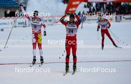 03.03.2012, Lahti, Finland (FIN):  (l-r= Alex Harvey (CAN), Fischer, Swix, Salomon, One Way, Martin Johnsrud Sundby (NOR), Fischer, KV+, Rottefella, Swix and Sjur Roethe (NOR), Fischer, KV+, Salomon, Swix  - FIS world cup cross-country, skiathlon men, Lahti (FIN). www.nordicfocus.com. Â© Laiho/NordicFocus. Every downloaded picture is fee-liable.