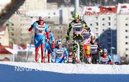 03.03.2012, Lahti, Finland (FIN): (l-r) Dmitriy Japarov (RUS), Fischer, Swix, Alpina, Rottefella, Adidas and Jean Marc Gaillard (FRA), Fischer, Swix, Rottefella, One Way  - FIS world cup cross-country, skiathlon men, Lahti (FIN). www.nordicfocus.com. Â© Laiho/NordicFocus. Every downloaded picture is fee-liable.