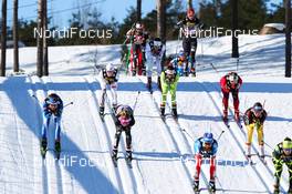 03.03.2012, Lahti, Finland (FIN):  lots of skier in a downhill - FIS world cup cross-country, skiathlon women, Lahti (FIN). www.nordicfocus.com. Â© Laiho/NordicFocus. Every downloaded picture is fee-liable.