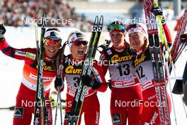 03.03.2012, Lahti, Finland (FIN): (l-r) Marit Bjoergen (NOR), Fischer, Swix, Rottefella, Therese Johaug (NOR), Fischer, Swix, Salomon, Heidi Weng (NOR), Madshus, Swix, Alpina, Rottefella and Kristin Steira (NOR), Madshus, One Way, Salomon, Swix  - FIS world cup cross-country, skiathlon women, Lahti (FIN). www.nordicfocus.com. Â© Laiho/NordicFocus. Every downloaded picture is fee-liable.