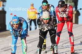 14.03.2012, Stockholm, Sweden (SWE): l-r: Frederico Pellegrino (ITA), Rossignol, Alpina, Rottefella, One Way, Andrew Newell (USA), Fischer, Salomon, Swix, behind Paal Golberg (NOR), Madshus, Rottefella, Alpina, Swix  - FIS world cup cross-country, individual sprint, Stockholm (SWE). www.nordicfocus.com. © Hemmersbach/NordicFocus. Every downloaded picture is fee-liable.