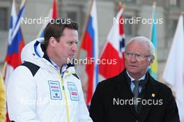14.03.2012, Stockholm, Sweden (SWE): l-r: Mats Arjes (SWE), President of the Swedish Ski Federation, Carl XVI. Gustaf (SWE), King of Sweden - FIS world cup cross-country, individual sprint, Stockholm (SWE). www.nordicfocus.com. © Hemmersbach/NordicFocus. Every downloaded picture is fee-liable.